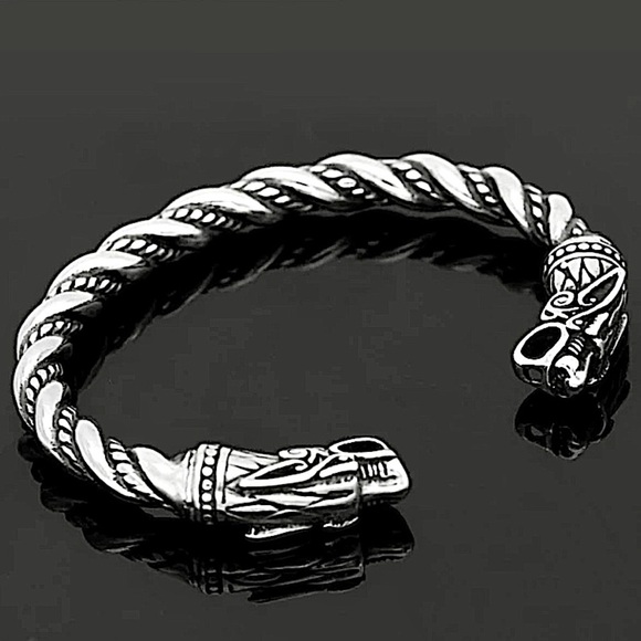 STAINLESS STEEL VIKING WOLF BRACELET SILVER ARM BAND CUFF BANGLE - Picture 6 of 9